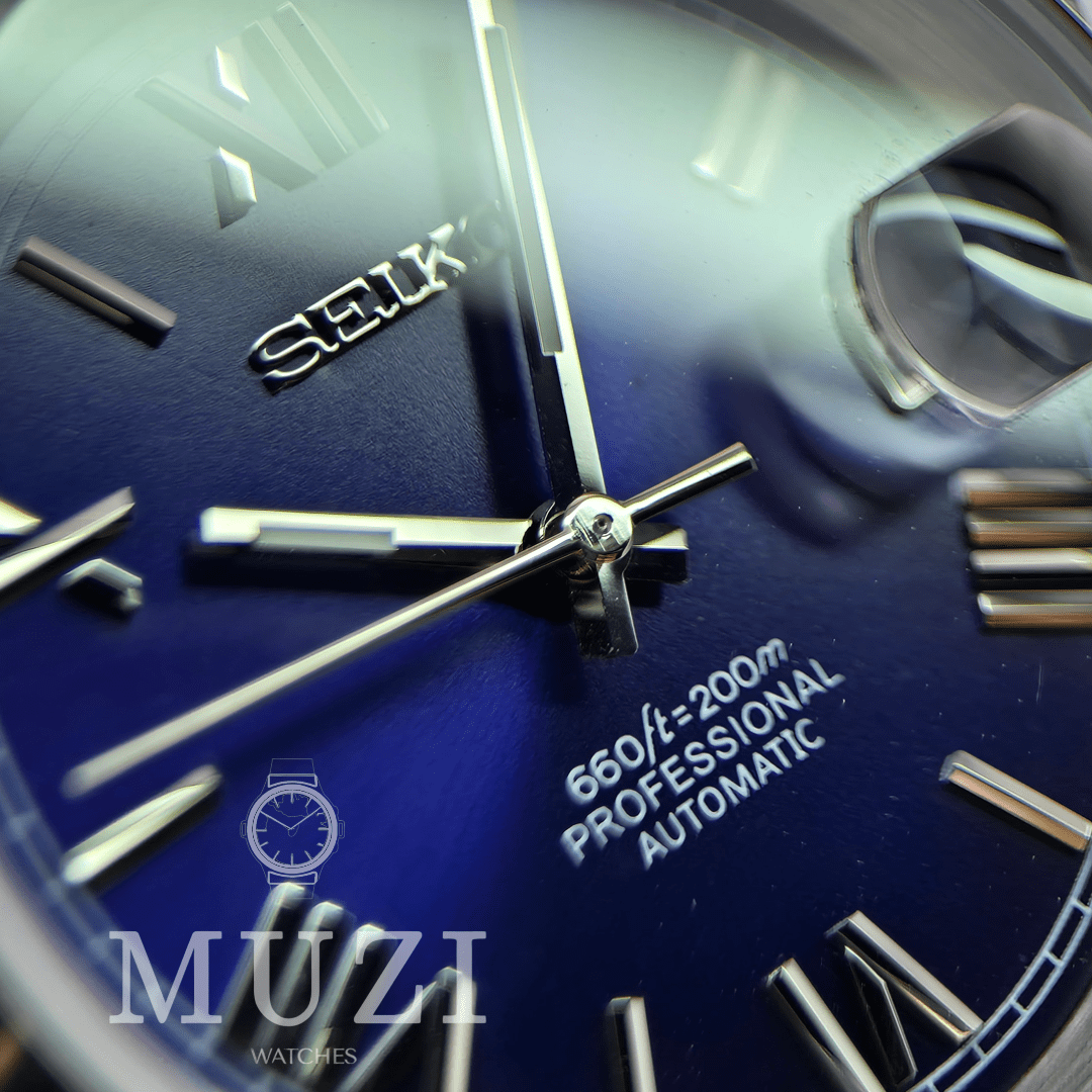 SeiJust Navy Blue Roman- Custom Seiko Mod NH35 Automatic - Muzi Watches