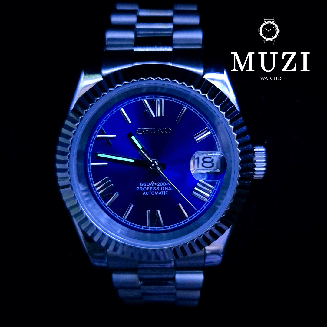 SeiJust Navy Blue Roman- Custom Seiko Mod NH35 Automatic - Muzi Watches