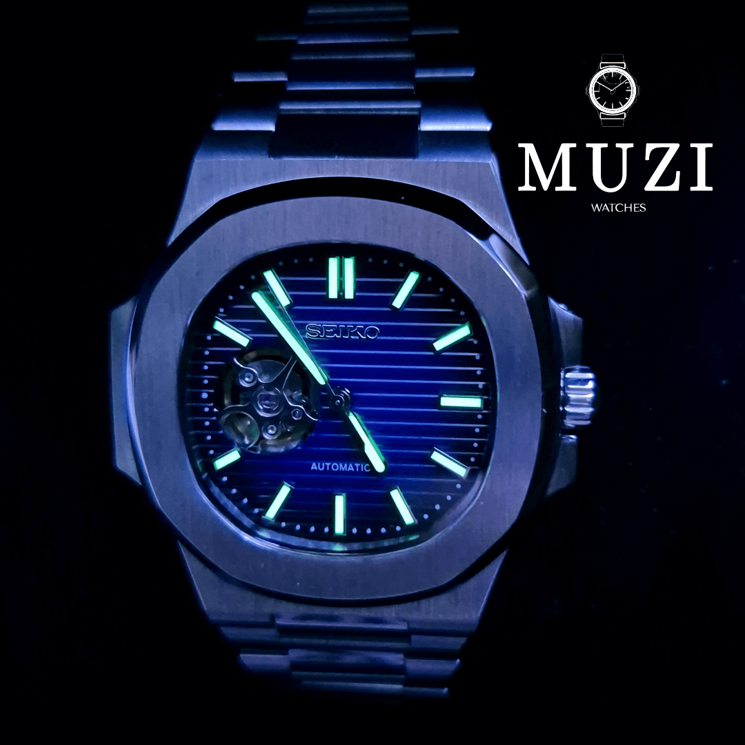 SeiNaut Blue to Dark Open Heart- Custom Seiko Mod NH38 Automatic - Muzi Watches
