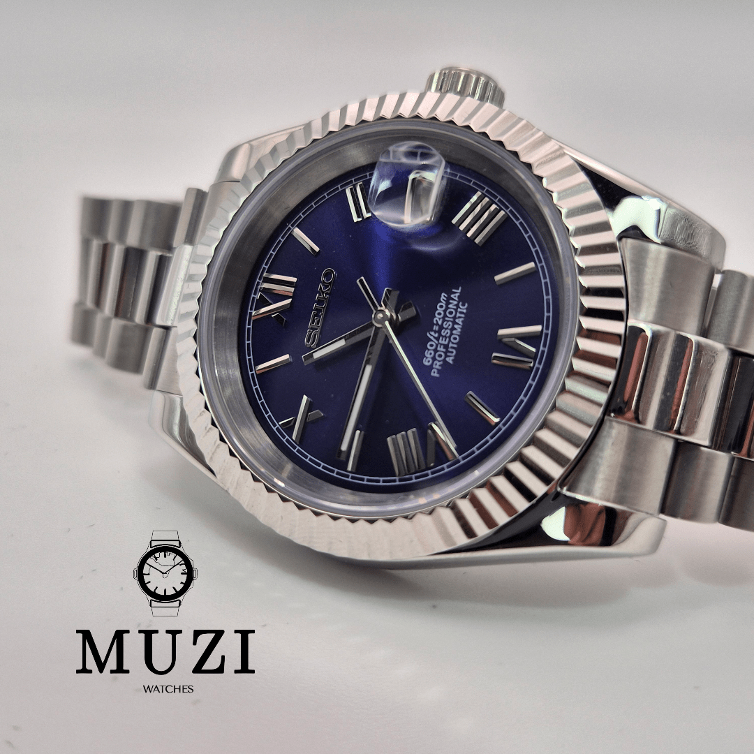 SeiJust Navy Blue Roman- Custom Seiko Mod NH35 Automatic - Muzi Watches