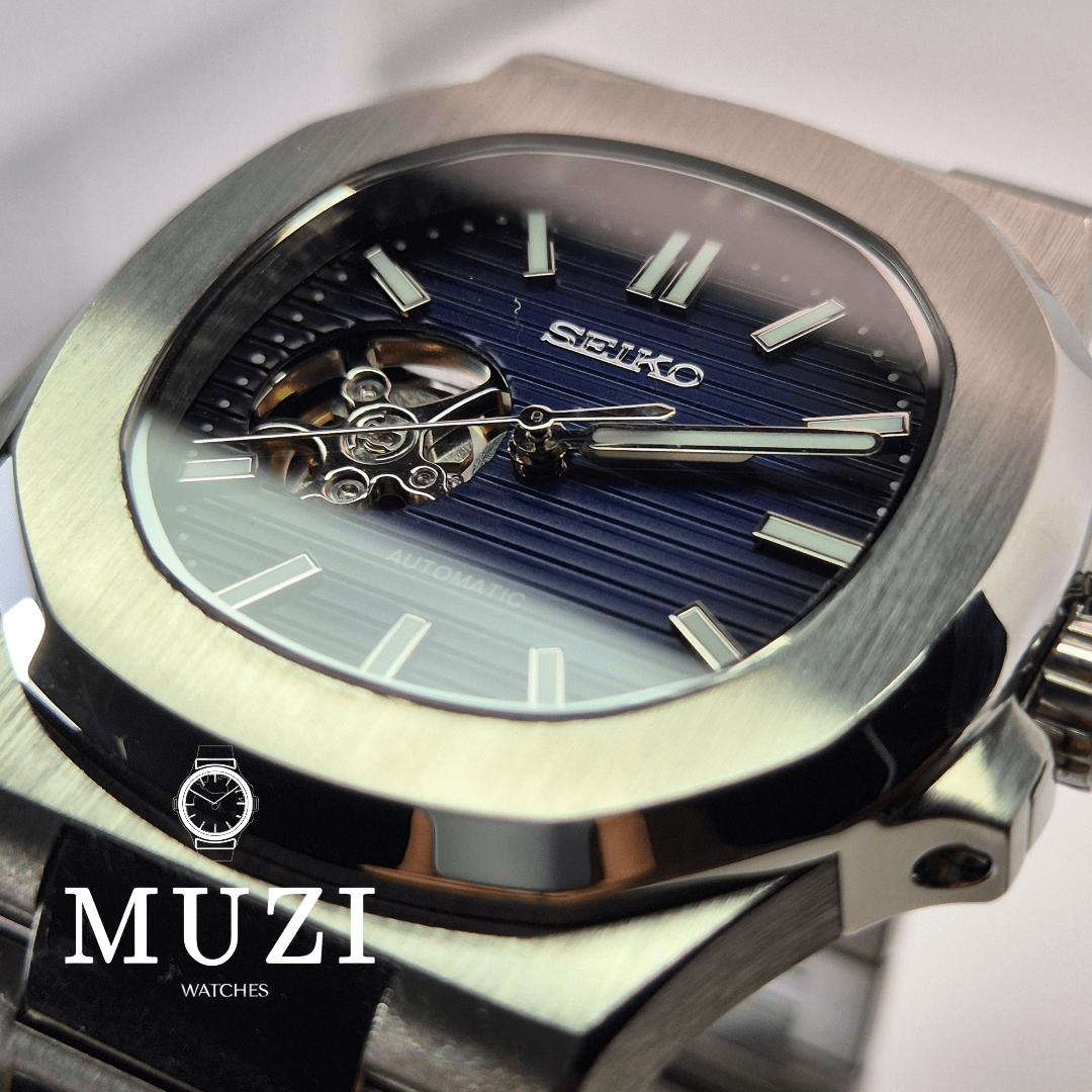 SeiNaut Blue to Dark Open Heart- Custom Seiko Mod NH38 Automatic - Muzi Watches