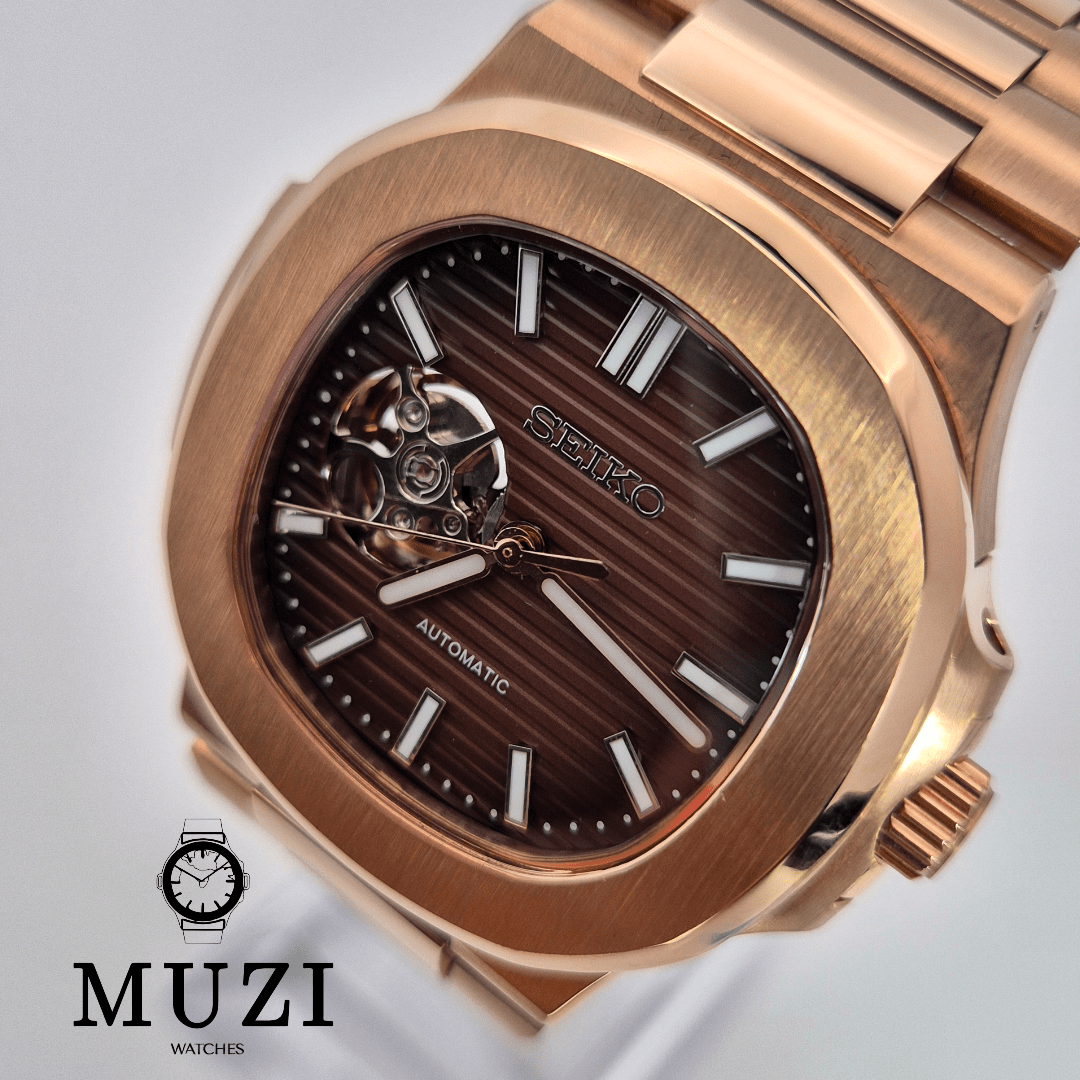 SeiNaut Chocolate Brown Open Heart- Custom Seiko Mod NH38 Automatic - Muzi Watches