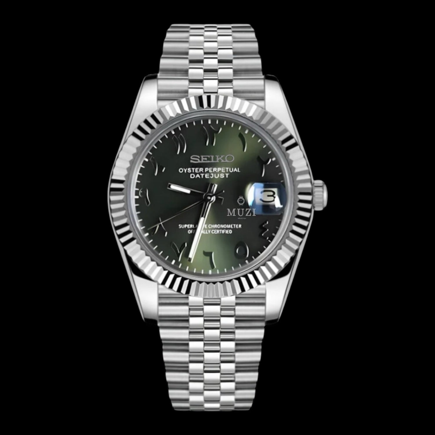 SeiJust Arabic Olive Green- Custom Seiko Mod NH35 Automatic - Muzi Watches